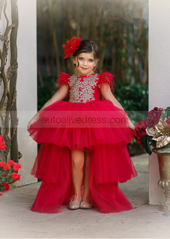 Cap Sleeves Gold Lace Red Tulle High Low Flower Girl Dress Cap Sleeves Gold Lace Red Tulle High Low Flower Girl Dress